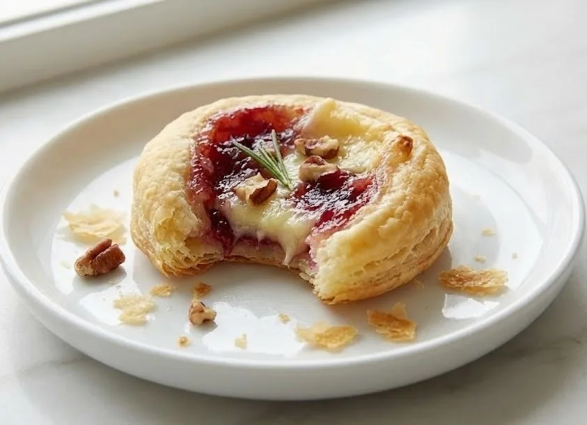 Bitten cranberry brie bite on a white plate showing flaky puff pastry, melted brie cheese, cranberry sauce, and rosemary garnish