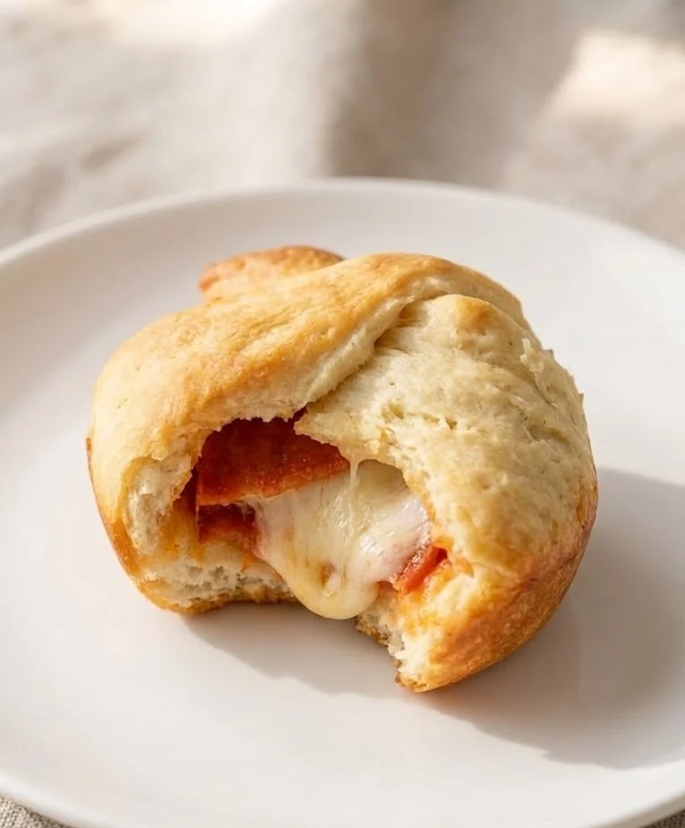 Bitten pepperoni pizza bomb with melted mozzarella cheese stretching inside and a golden baked crust on a white plate