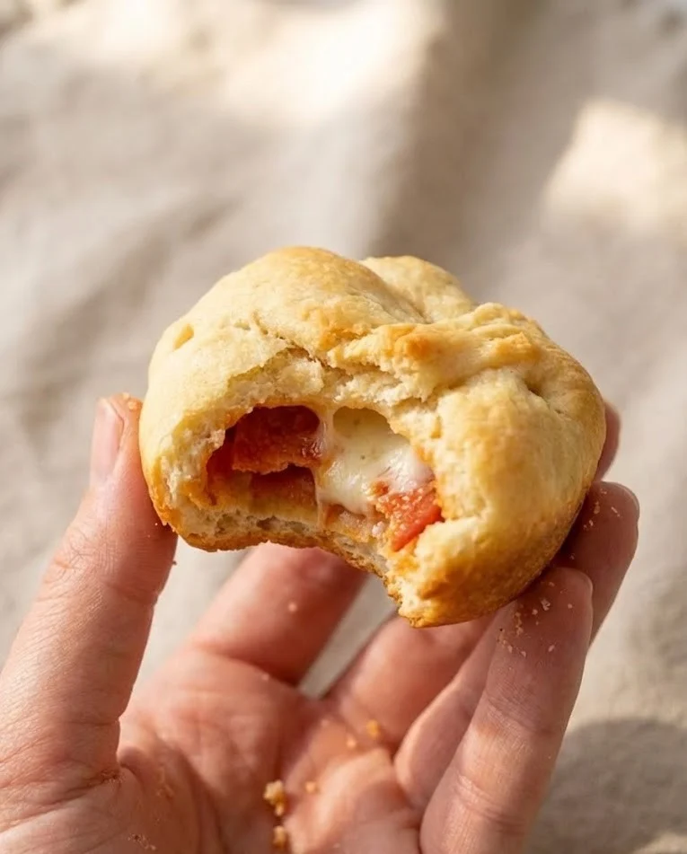 Bitten pepperoni pizza bomb showing melted mozzarella cheese and pepperoni inside with a soft golden crust