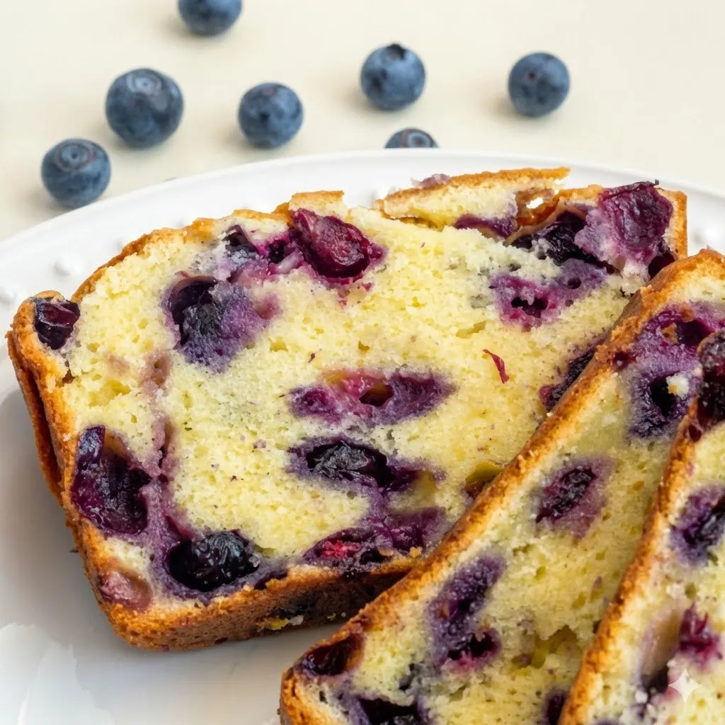 Blueberry cream cheese loaf slices on a plate with fresh blueberries in the background