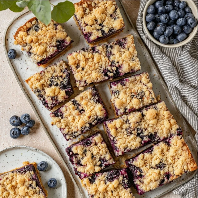 Blueberry crumb bars arranged on a baking tray with a buttery crust, juicy blueberry layer, and crumb topping