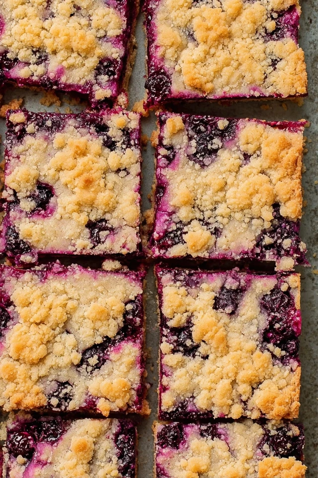 Close-up of blueberry crumb bars showing a buttery base, rich blueberry filling, and crumb topping