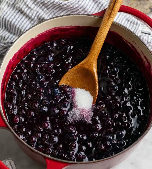 Cooked blueberry filling thickening in a saucepan for blueberry crumb bars with sugar and blueberries