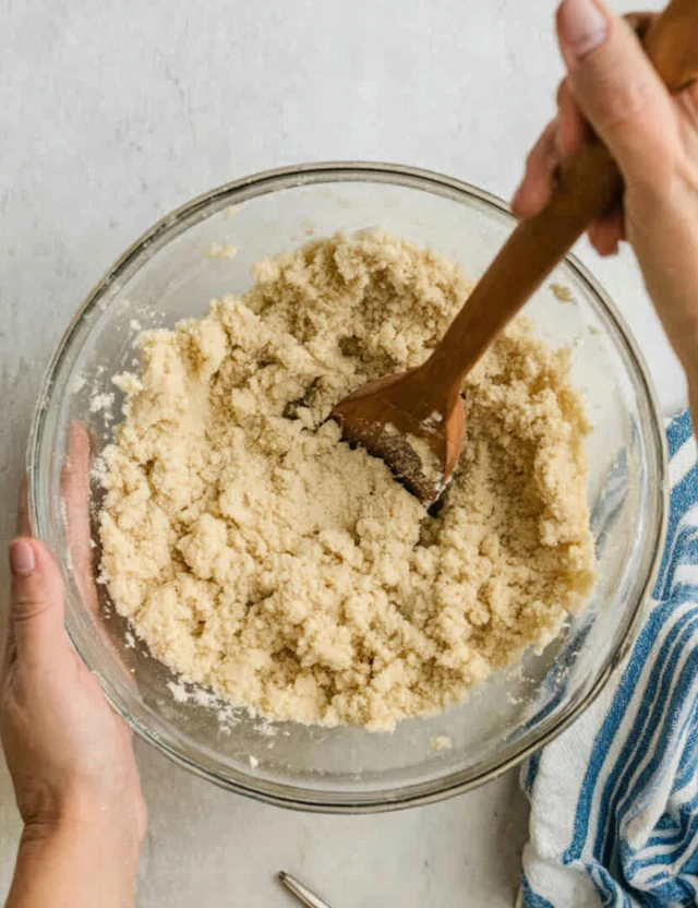 Mixing the crumb mixture for blueberry crumb bars in a glass bowl with a wooden spoon