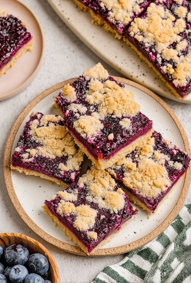 Blueberry crumb bars with a thick blueberry layer, buttery base, and golden crumb topping served on a plate