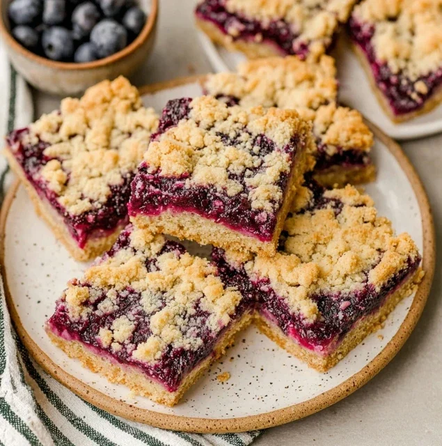Blueberry crumb bars dessert squares with a buttery crust, thick blueberry layer, and crumb topping on a plate