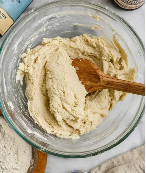 Prepared crumb dough for blueberry crumb bars mixed in a glass bowl with a wooden spoon