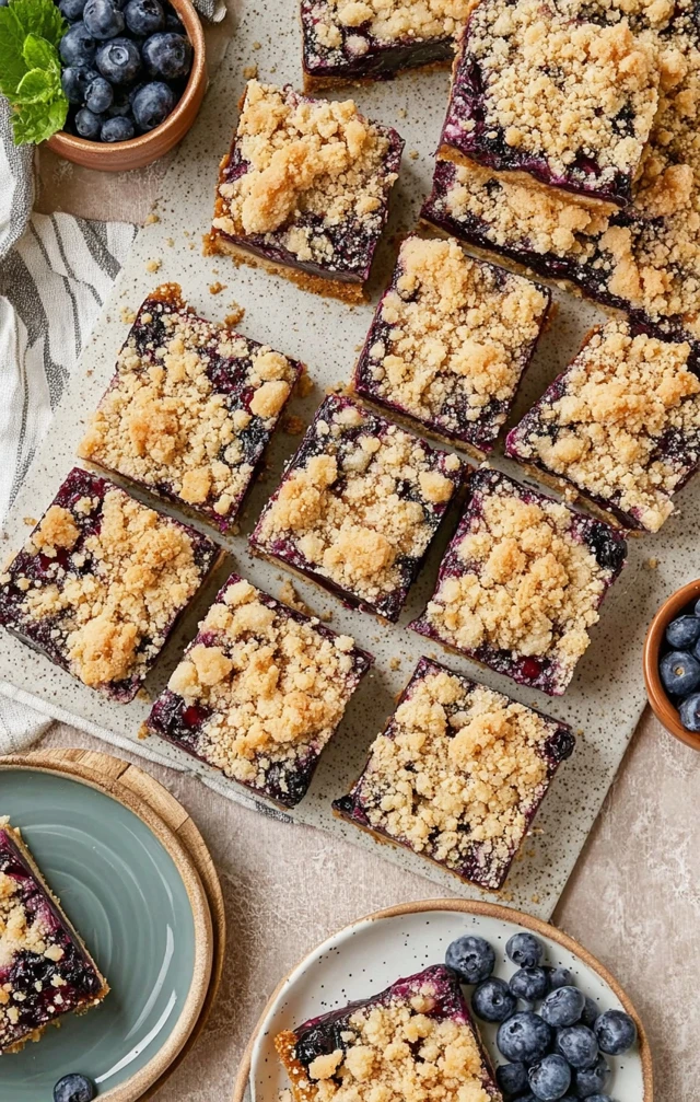 Overhead view of blueberry crumb bars with buttery crust, rich blueberry filling, and crumb topping arranged on a baking surface