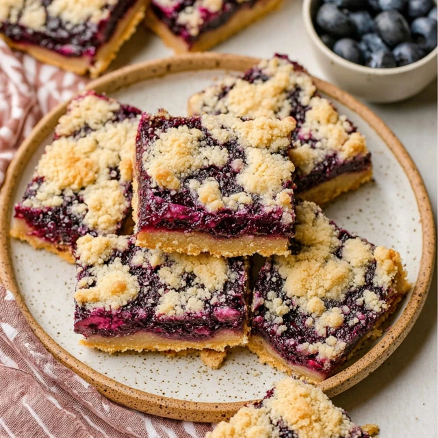 Blueberry crumb bars with a buttery crust, juicy blueberry filling, and golden crumb topping on a plate