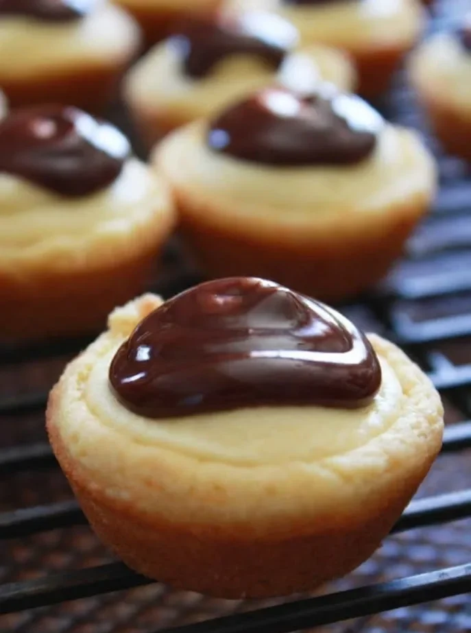 Close-up of Boston cream pie cookies with vanilla cream center and glossy chocolate topping
