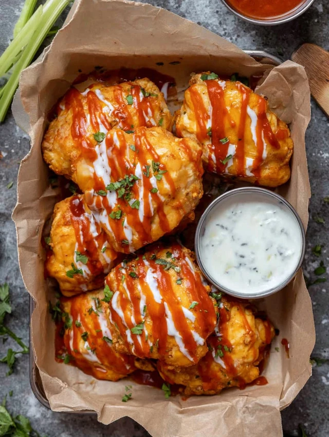 Buffalo Chicken Bombs topped with buffalo sauce and ranch dressing, served with celery and dip