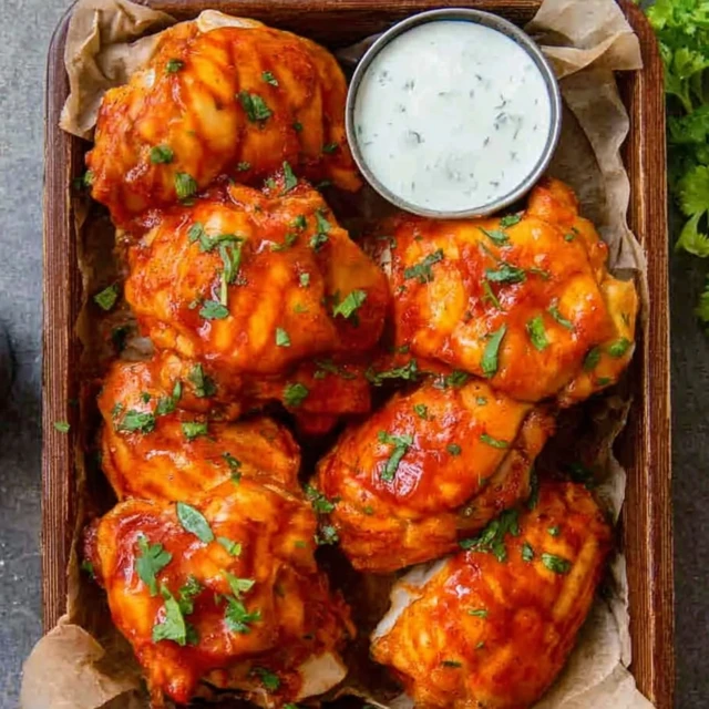 Buffalo Chicken Bombs baked until golden and coated in spicy buffalo sauce, served with creamy ranch dip