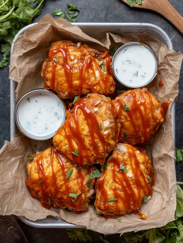 Buffalo Chicken Bombs drizzled with spicy buffalo sauce and served with creamy ranch dip