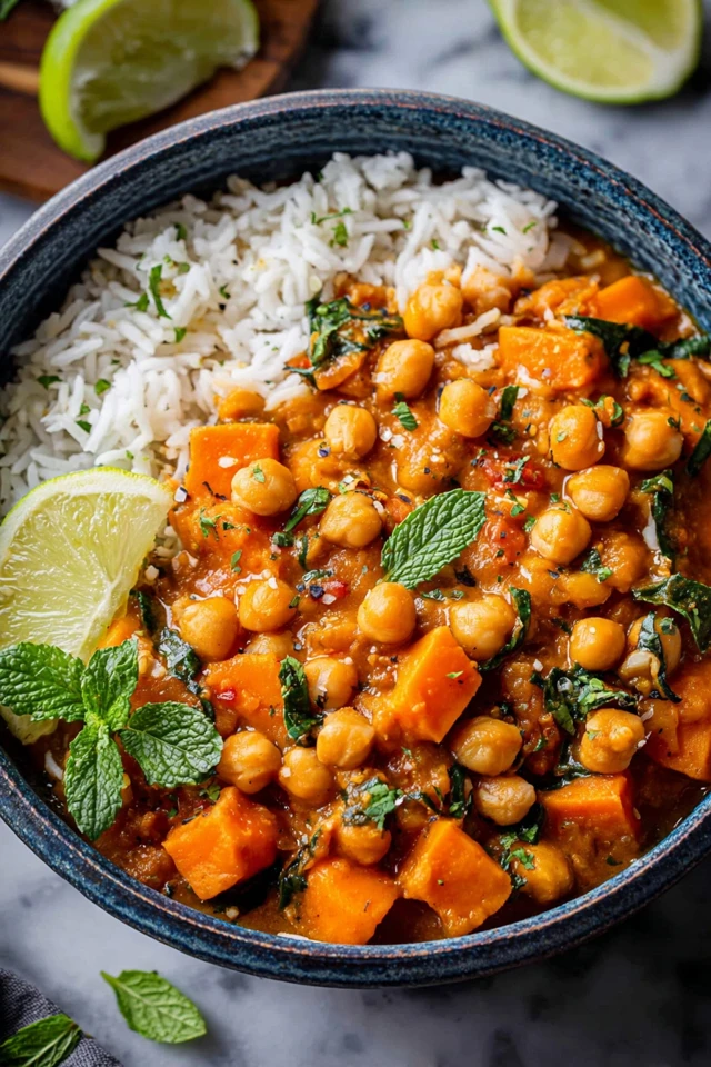 Butternut squash chickpea curry cooked in one pot, served with rice and fresh mint