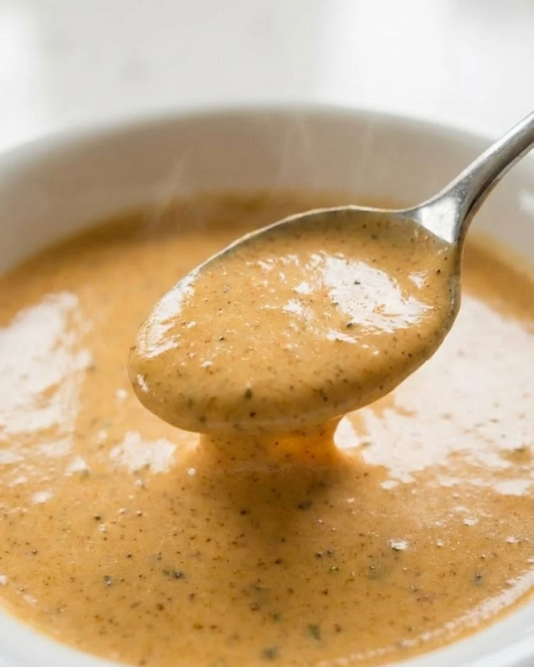 Close-up of creamy Cajun Alfredo sauce on a spoon with visible Cajun seasoning and smooth glossy texture