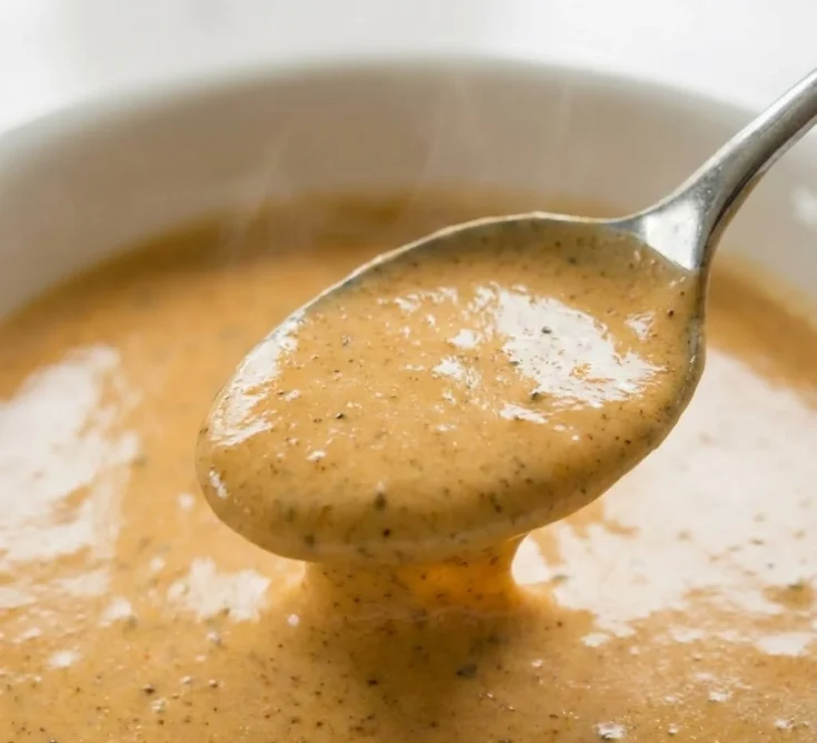 Close-up of creamy Cajun Alfredo sauce on a spoon with smooth glossy texture and visible Cajun seasoning