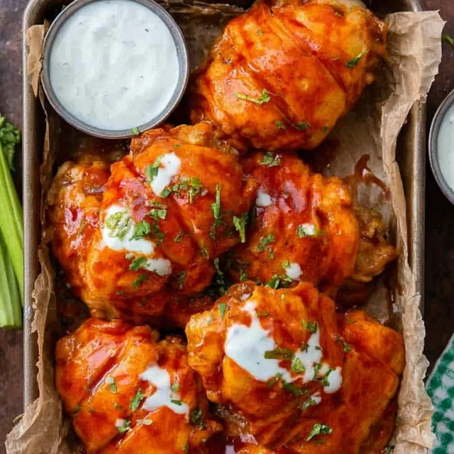 Cheesy Buffalo Chicken Bombs drizzled with ranch dressing and baked to golden perfection