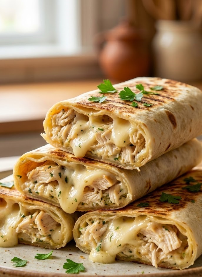 Cheesy chicken alfredo wraps recipe with creamy Alfredo sauce and melted cheese