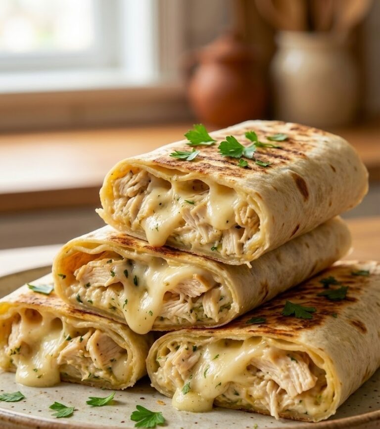 Golden toasted cheesy chicken alfredo wraps stacked on a plate