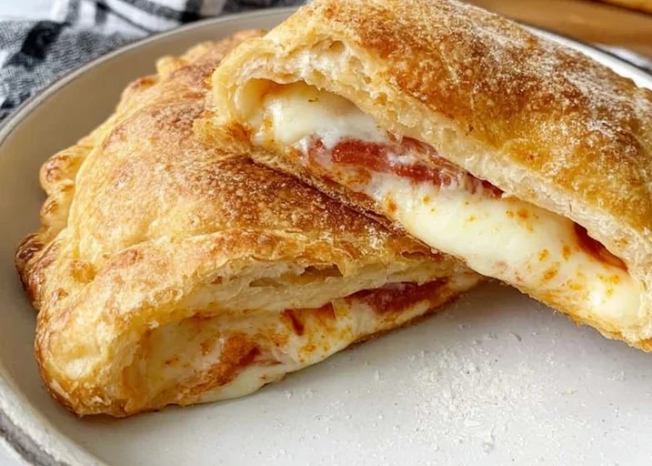 Cheesy pizza pockets with flaky crust and melted mozzarella cheese on a plate