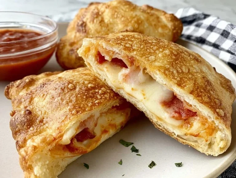 Cheesy pizza pockets with melted mozzarella and pepperoni served with marinara sauce