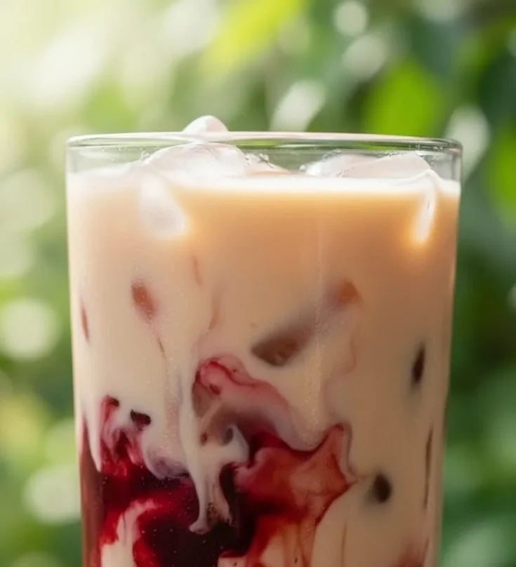 Close-up of iced cherry vanilla Earl Grey tea with milk, ice cubes, and cherry swirl