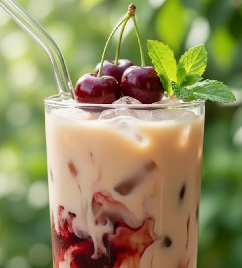 Cherry vanilla Earl Grey tea recipe served iced with milk, cherries, and fresh mint in a glass