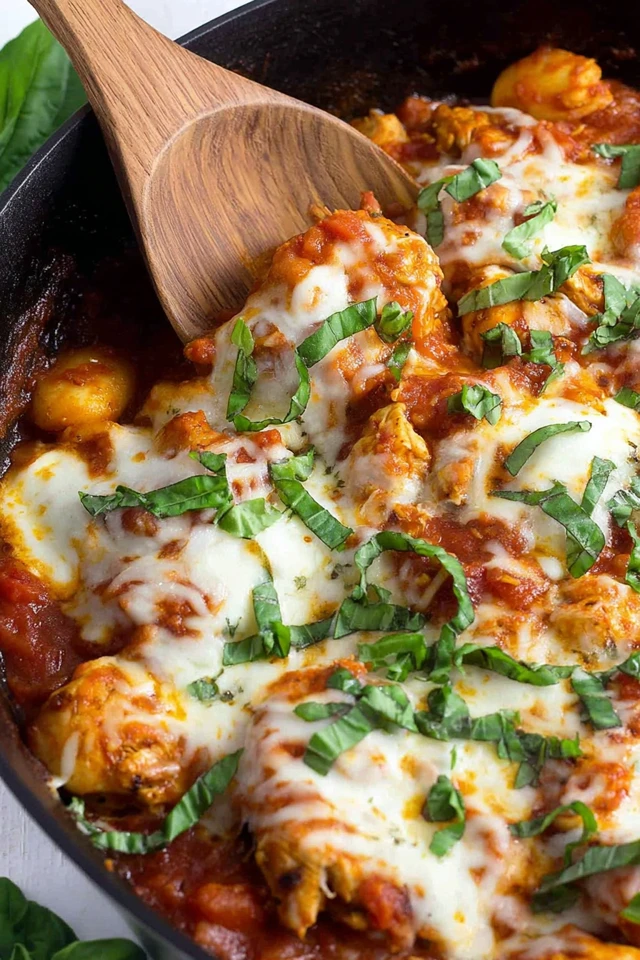 Cheesy chicken parmesan gnocchi bake with marinara sauce and melted mozzarella in a skillet
