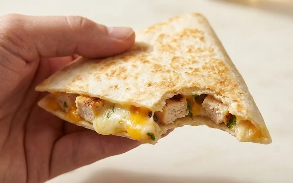 Hand holding a chicken ranch quesadilla with a bite showing melted cheese and seasoned chicken