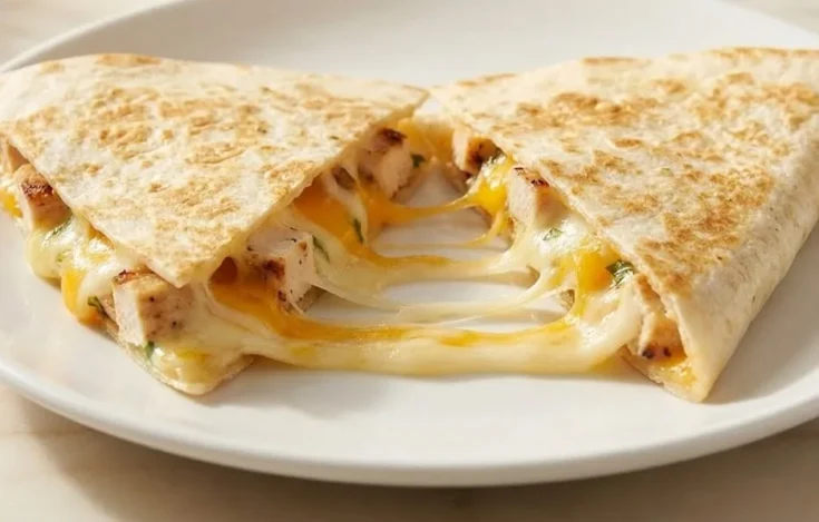 Chicken ranch quesadillas pulled apart showing melted cheese and tender chicken filling