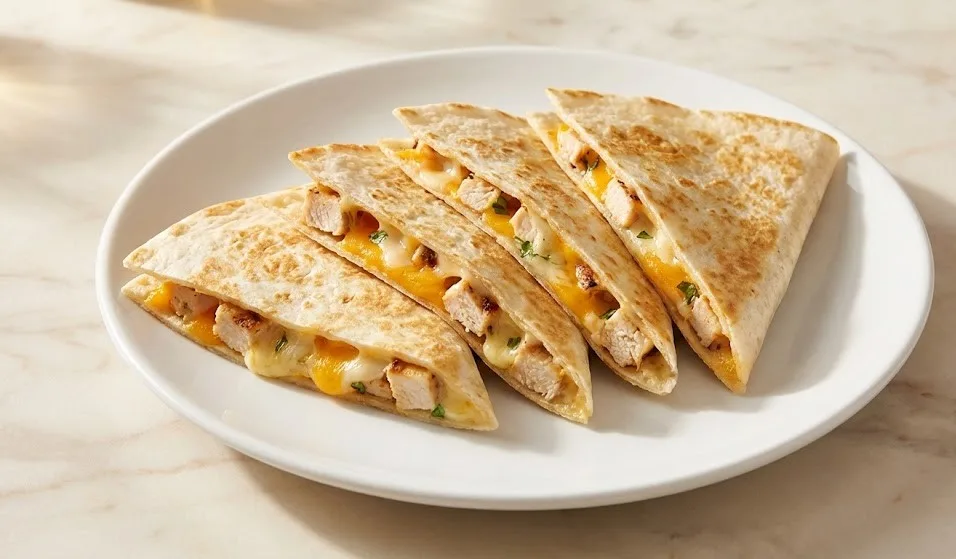 Chicken ranch quesadilla held in hand with melted cheese dipped in creamy ranch sauce
