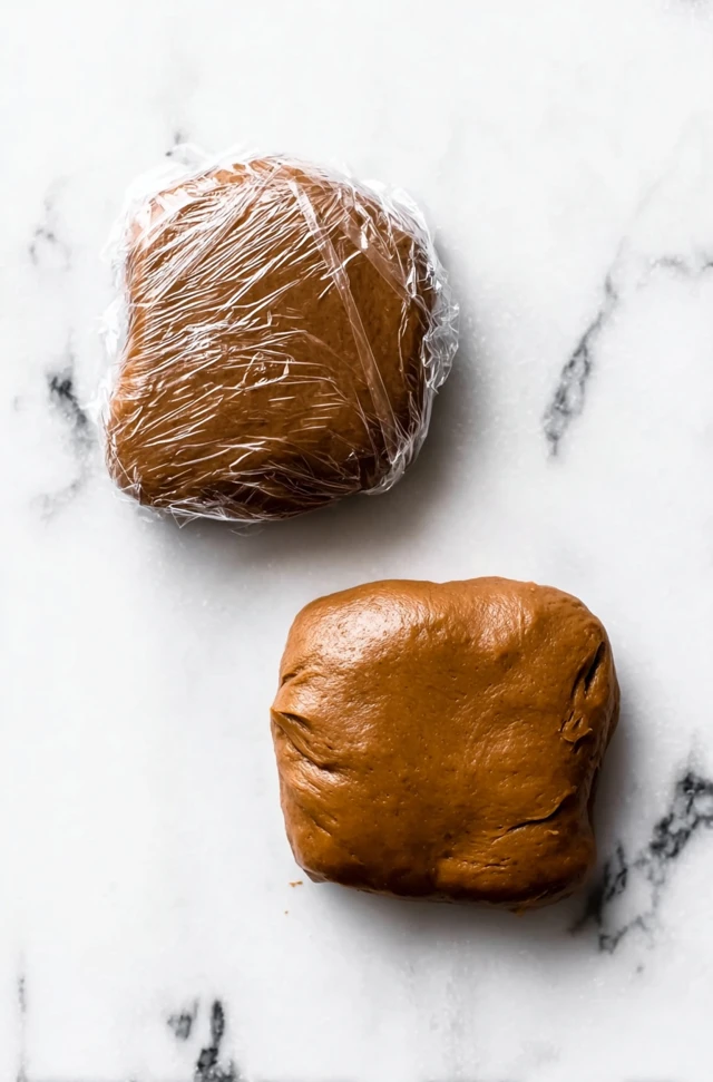 Chilled gingerbread house dough wrapped and unwrapped on a marble surface