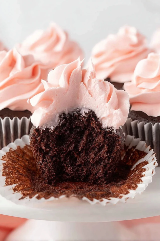 Chocolate cupcake with a bite taken out, showing fluffy strawberry marshmallow frosting on top