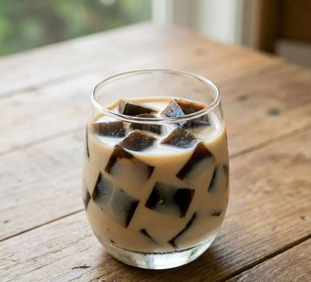 Coffee jelly drink recipe served in a clear glass with creamy milk and coffee jelly cubes