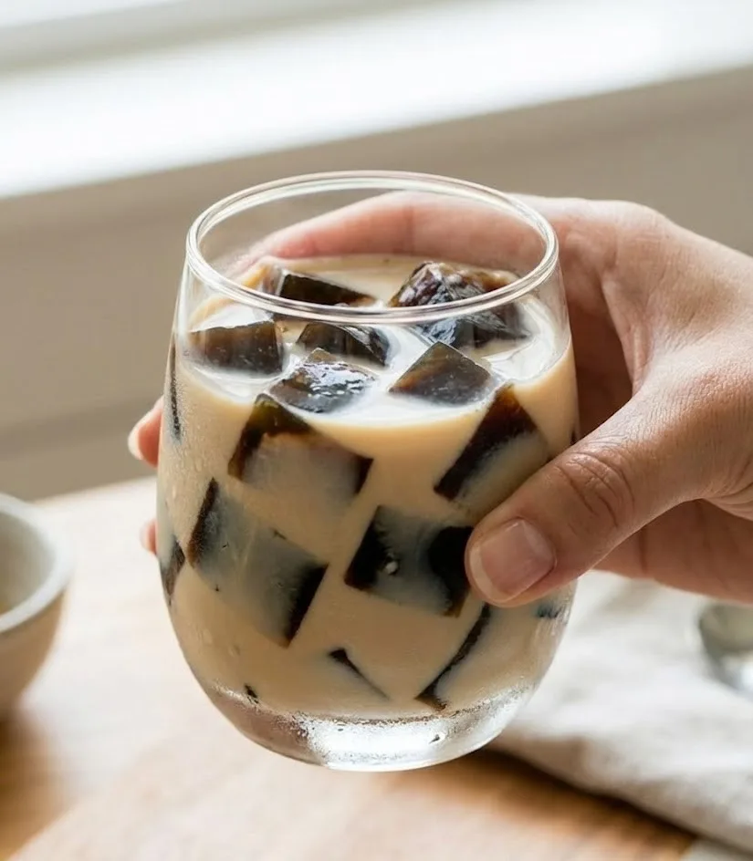 Coffee jelly drink recipe held in hand with creamy milk and coffee jelly cubes