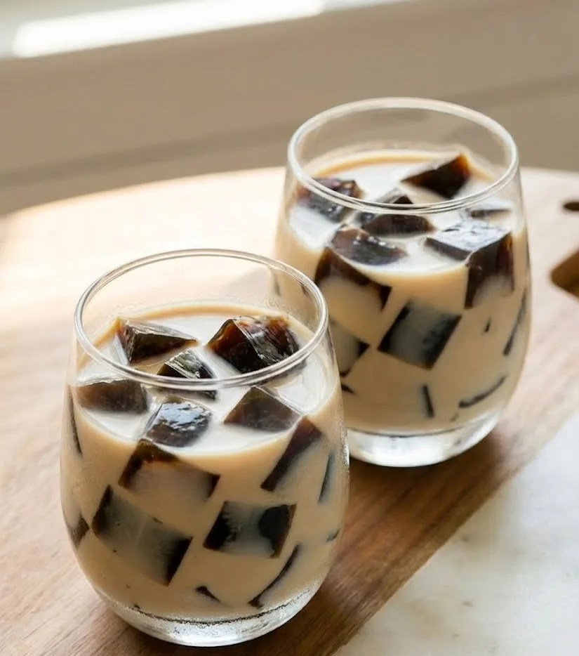 Coffee jelly drink recipe with spoon lifting coffee jelly cubes in creamy milk