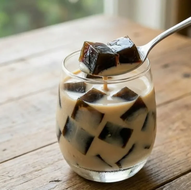 Coffee jelly drink recipe with spoon lifting coffee jelly cubes in creamy milk