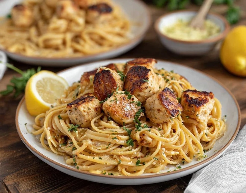 Creamy cowboy butter chicken pasta with golden seared chicken, garlic butter sauce, and lemon garnish