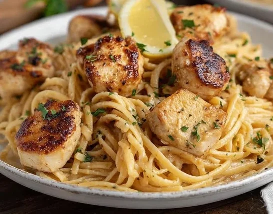 Cowboy butter chicken pasta with creamy garlic sauce, seared chicken bites, and fresh parsley