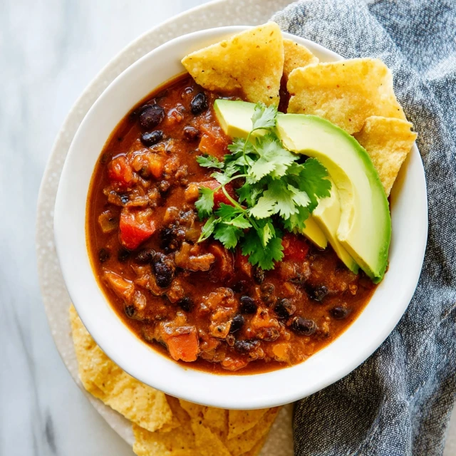 Cozy vegetarian chili made with black beans and vegetables, topped with avocado slices, fresh cilantro, and tortilla chips