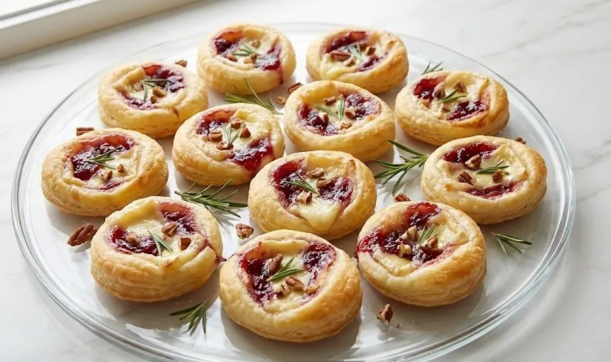 Cranberry brie bites made with flaky puff pastry, melted brie cheese, and cranberry sauce, served on a glass plate with rosemary garnish