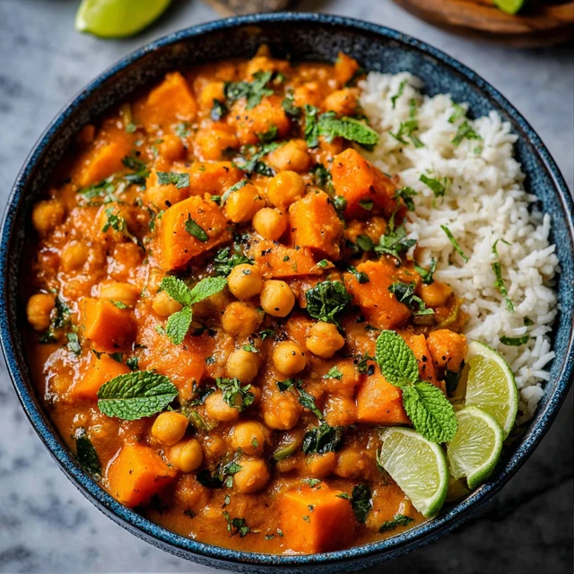 Creamy one pot butternut squash curry with chickpeas served alongside white rice and lime wedges
