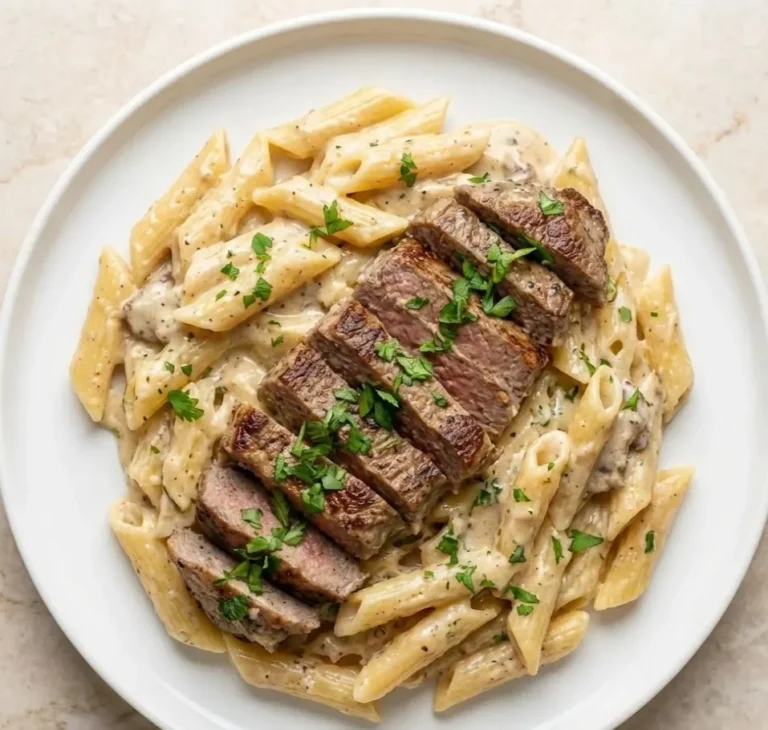 Creamy steak pasta recipe served on a white plate with penne pasta, sliced seared steak on top, and rich Parmesan cream sauce