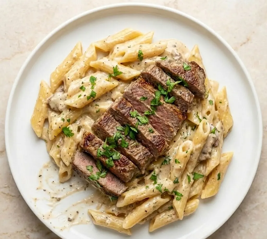 Creamy steak pasta recipe served on a white plate with penne pasta, sliced seared steak, and rich Parmesan cream sauce