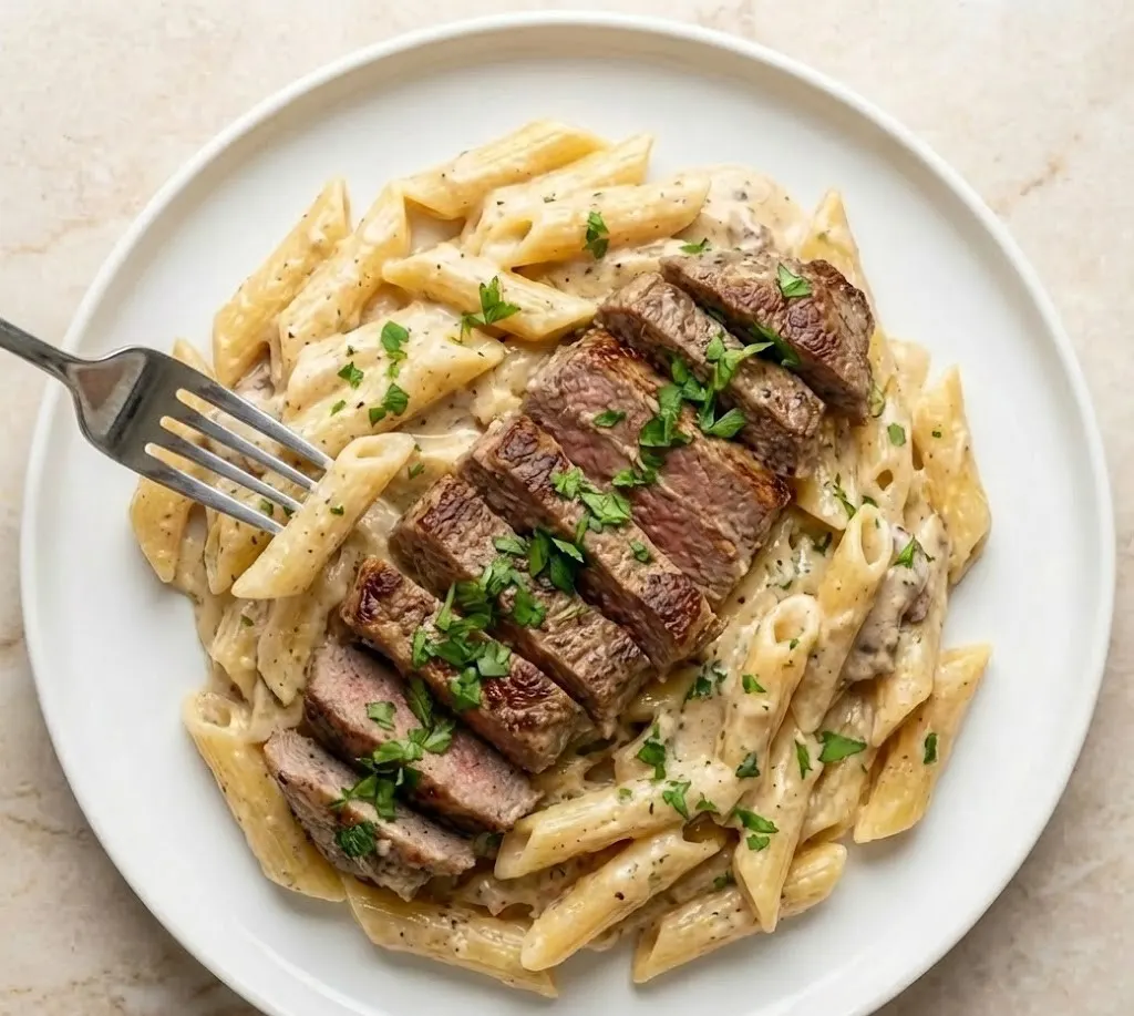 Creamy steak pasta recipe served on a white plate with penne pasta, sliced seared steak, and a fork resting in the creamy sauce