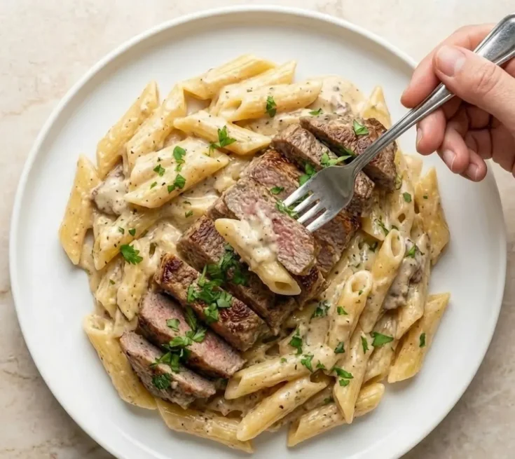 Creamy steak pasta recipe served on a white plate with penne pasta and sliced steak, shown with a fork lifting a creamy bite