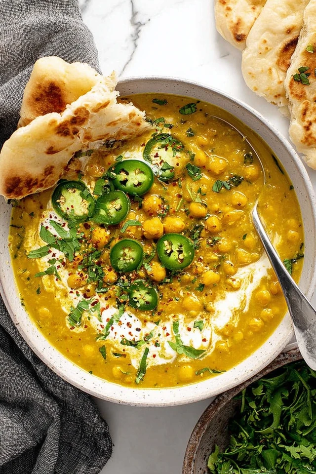 Creamy vegan curry lentil soup with chickpeas, coconut milk, and sliced naan