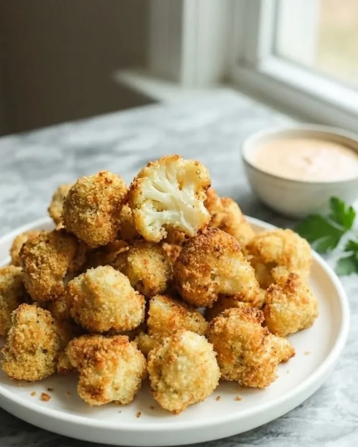Crispy cauliflower bites arranged on a white plate with golden crunchy coating