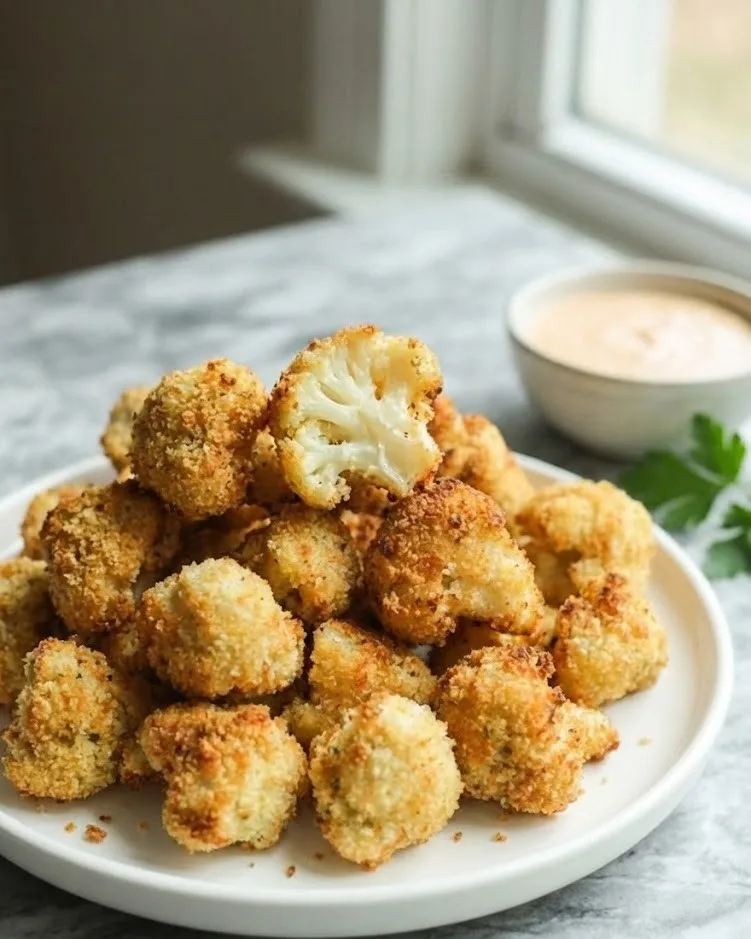 Crispy cauliflower bites served on a plate with dipping sauce, golden and crunchy oven-baked appetizer
