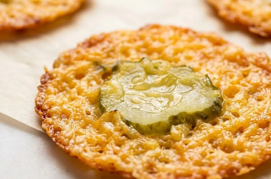 Close up of a crispy pickle cheese bite showing melted cheese and pickle slice texture
